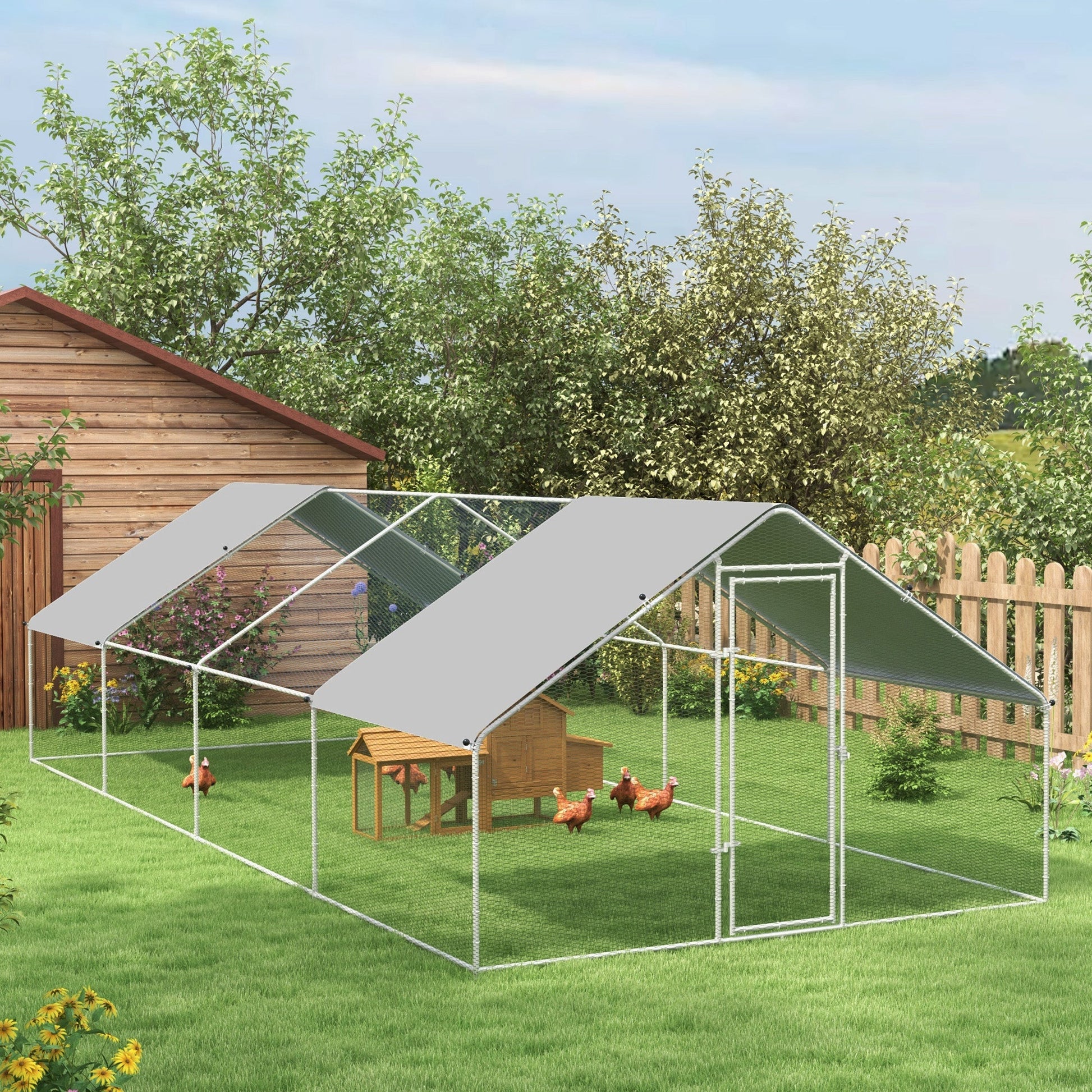 KFX-5924157 Large Metal Chicken Coop Run with Waterproof UV-Resistant Cover for Small Animals