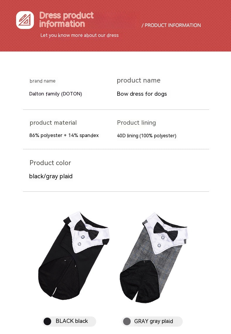 KFX-5928637 Elegant Dog Attire for Weddings and Parties – Black and Gray Plaid, Multiple Sizes Available