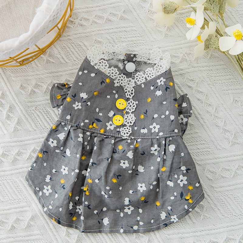 KFX-5932605 Floral Puff Sleeve Skirt for Small Dogs and Cats - Comfortable and Breathable Woven Fabric