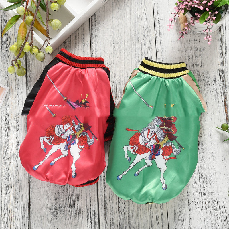 KFX-5934397 Yokosuka Samurai Satin Fabric Pet Coat – Red & Green, Sizes S to 2XL
