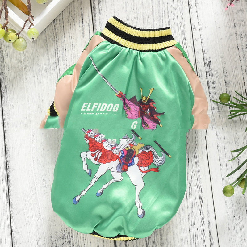KFX-5934397 Yokosuka Samurai Satin Fabric Pet Coat – Red & Green, Sizes S to 2XL