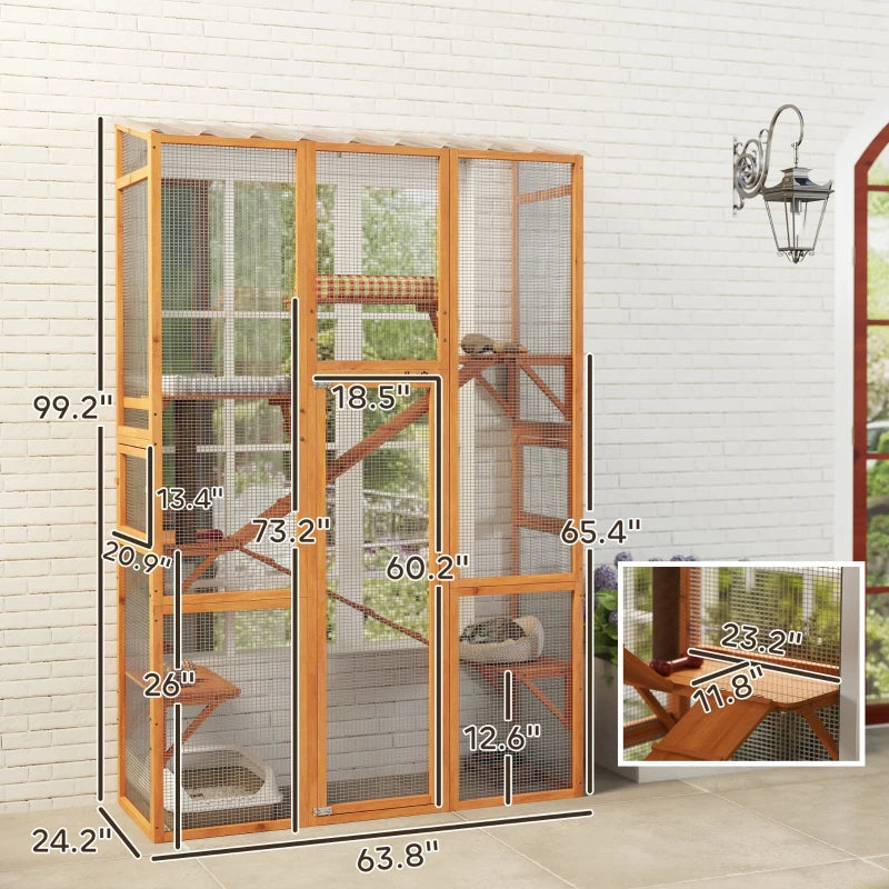 KFX-5935677 Large Wooden Cat Enclosure with 6 Jumping Platforms and Scratching Post for Outdoor Exploration