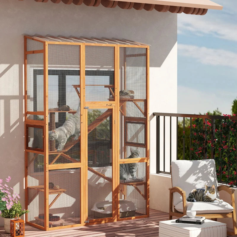 KFX-5935677 Large Wooden Cat Enclosure with 6 Jumping Platforms and Scratching Post for Outdoor Exploration