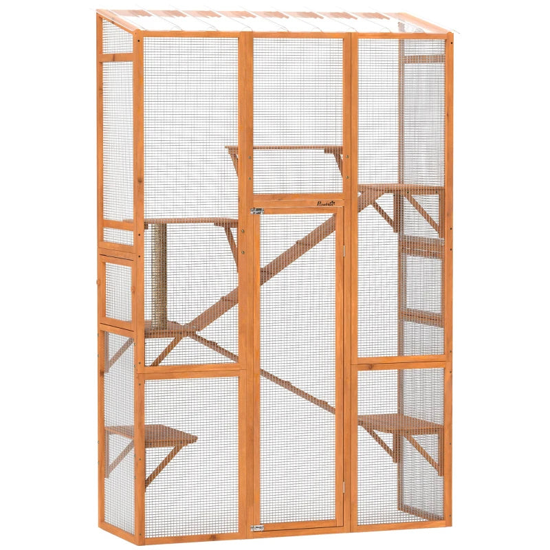 KFX-5935677 Large Wooden Cat Enclosure with 6 Jumping Platforms and Scratching Post for Outdoor Exploration