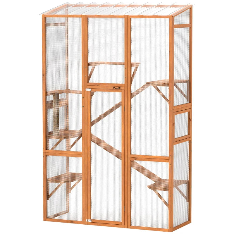 KFX-5935677 Large Wooden Cat Enclosure with 6 Jumping Platforms and Scratching Post for Outdoor Exploration
