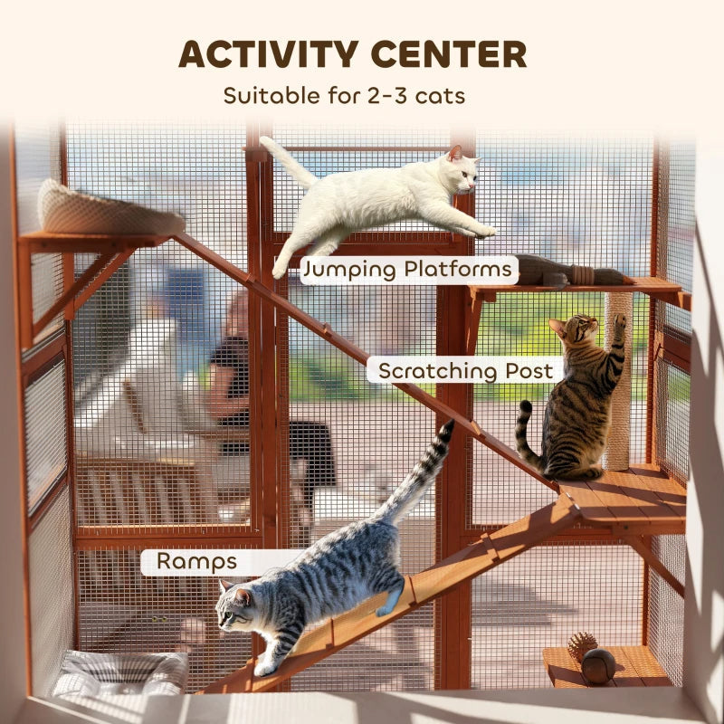 KFX-5935677 Large Wooden Cat Enclosure with 6 Jumping Platforms and Scratching Post for Outdoor Exploration