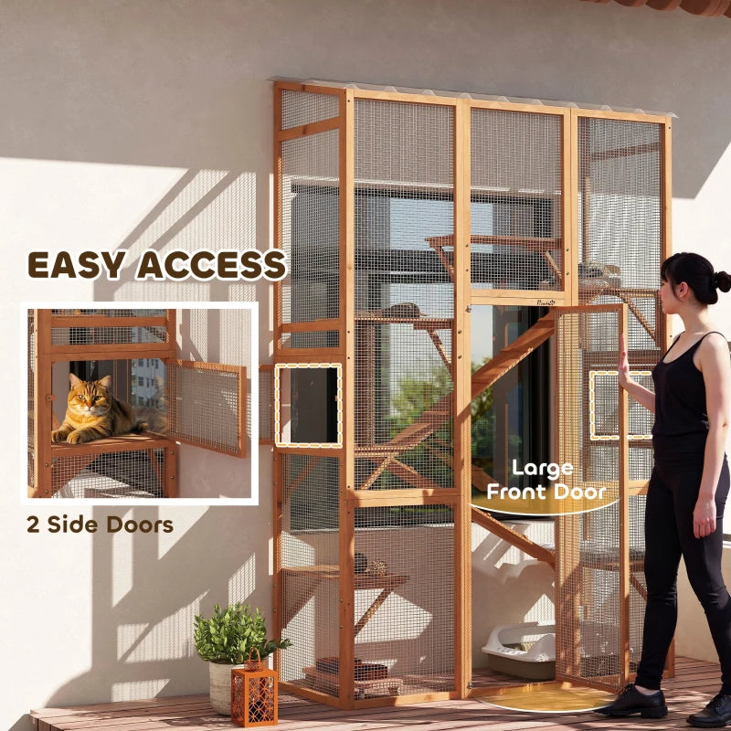 KFX-5935677 Large Wooden Cat Enclosure with 6 Jumping Platforms and Scratching Post for Outdoor Exploration