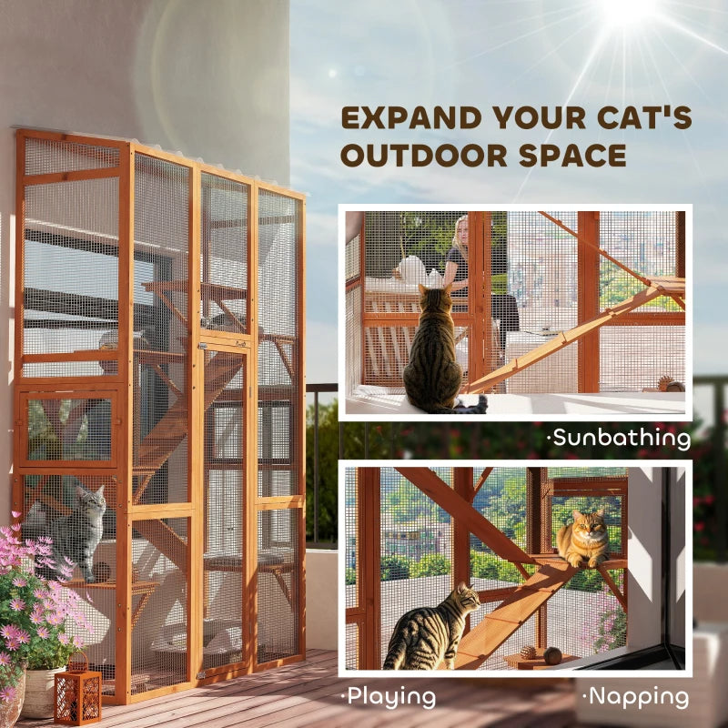 KFX-5935677 Large Wooden Cat Enclosure with 6 Jumping Platforms and Scratching Post for Outdoor Exploration