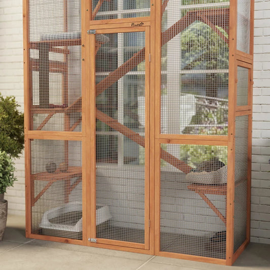 KFX-5935677 Large Wooden Cat Enclosure with 6 Jumping Platforms and Scratching Post for Outdoor Exploration