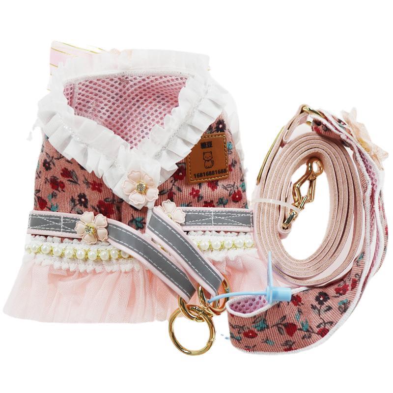 KFX-5941053 Reflective Floral Pet Chest Harness with Leash for Dogs and Cats