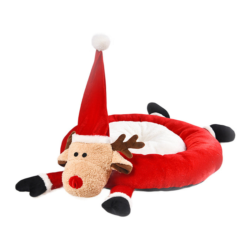KFX-5941821 Cozy Red Reindeer Round Pet Nest - Plush Polyester and Velvet, 45x40x57cm