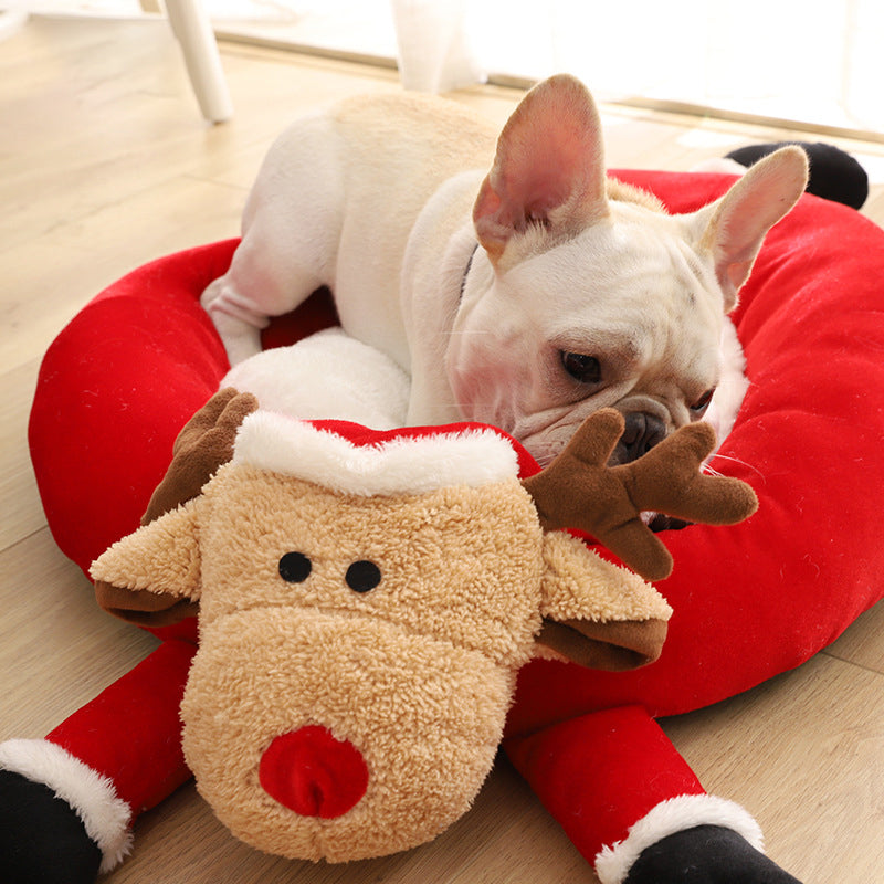 KFX-5941821 Cozy Red Reindeer Round Pet Nest - Plush Polyester and Velvet, 45x40x57cm