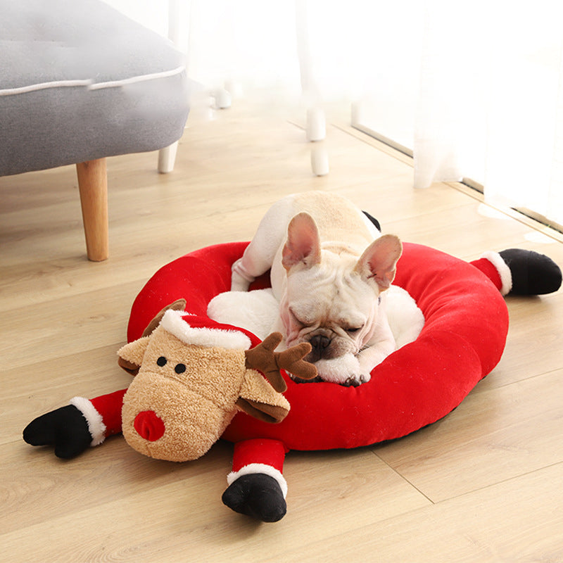 KFX-5941821 Cozy Red Reindeer Round Pet Nest - Plush Polyester and Velvet, 45x40x57cm