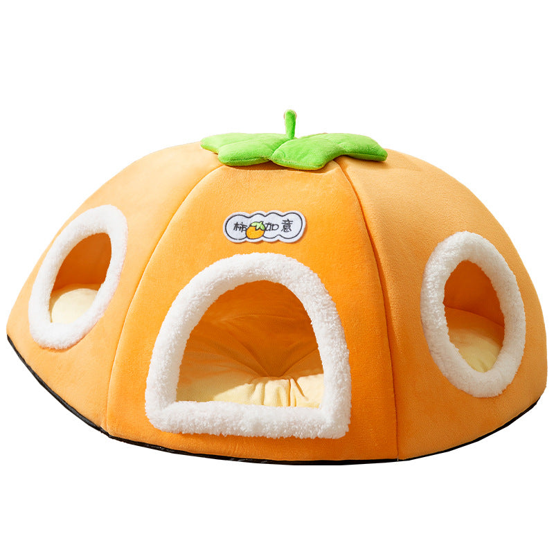 KFX-5947581 Warm Thickened Semi-Enclosed Cat Nest in Lucky Persimmon Color - Available for One to Four Cats