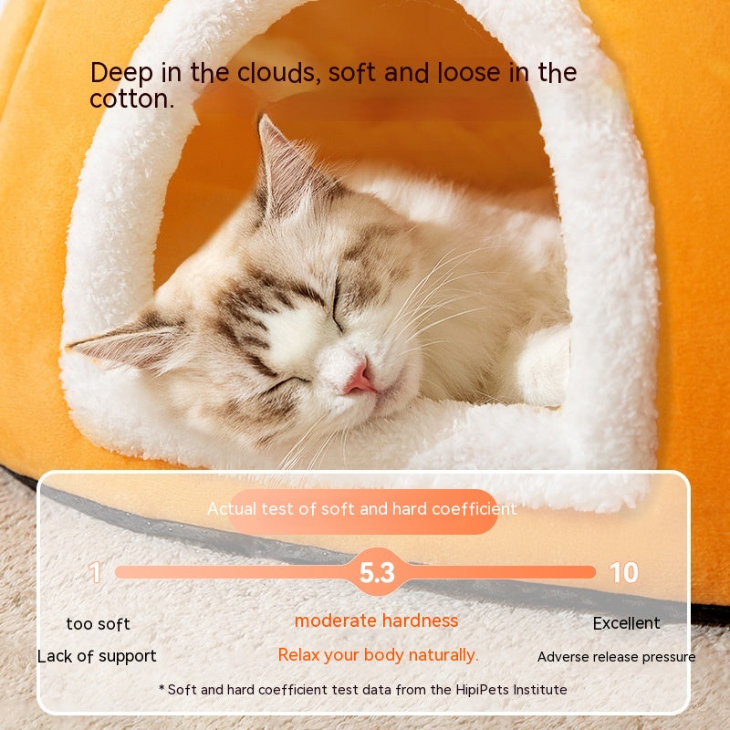 KFX-5947581 Warm Thickened Semi-Enclosed Cat Nest in Lucky Persimmon Color - Available for One to Four Cats