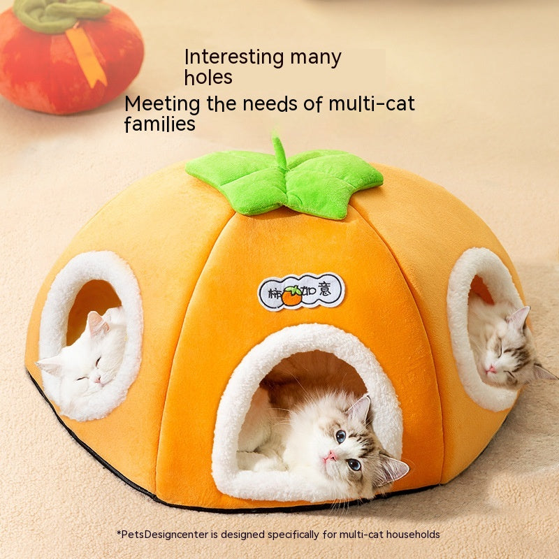 KFX-5947581 Warm Thickened Semi-Enclosed Cat Nest in Lucky Persimmon Color - Available for One to Four Cats