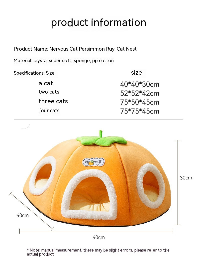 KFX-5947581 Warm Thickened Semi-Enclosed Cat Nest in Lucky Persimmon Color - Available for One to Four Cats