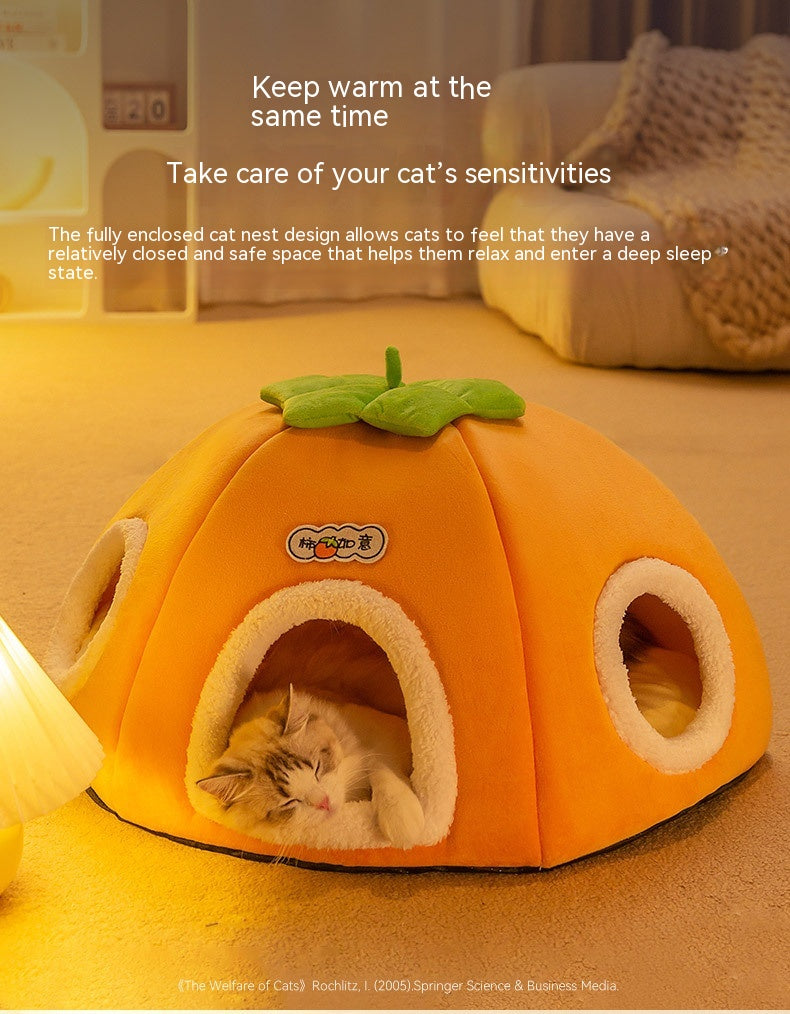 KFX-5947581 Warm Thickened Semi-Enclosed Cat Nest in Lucky Persimmon Color - Available for One to Four Cats