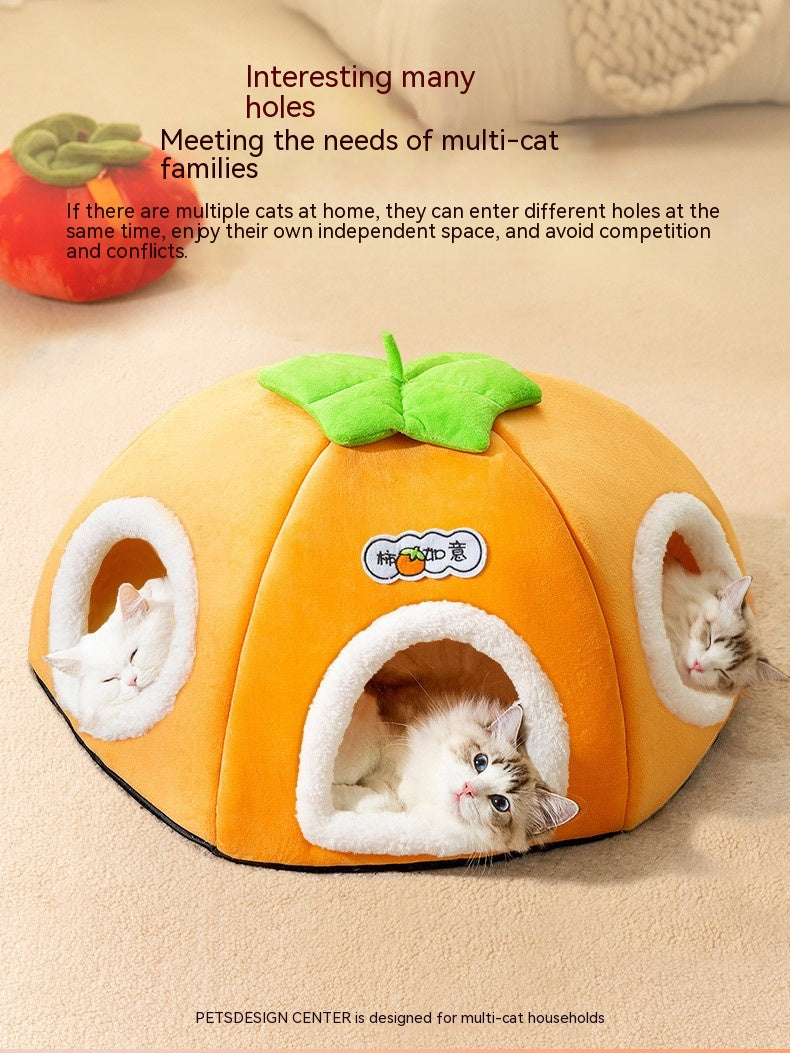 KFX-5947581 Warm Thickened Semi-Enclosed Cat Nest in Lucky Persimmon Color - Available for One to Four Cats