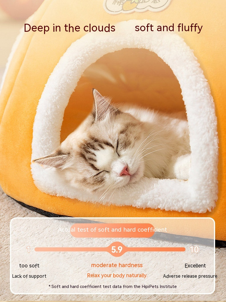 KFX-5947581 Warm Thickened Semi-Enclosed Cat Nest in Lucky Persimmon Color - Available for One to Four Cats