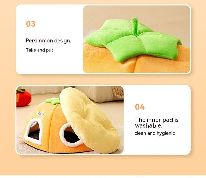 KFX-5947581 Warm Thickened Semi-Enclosed Cat Nest in Lucky Persimmon Color - Available for One to Four Cats