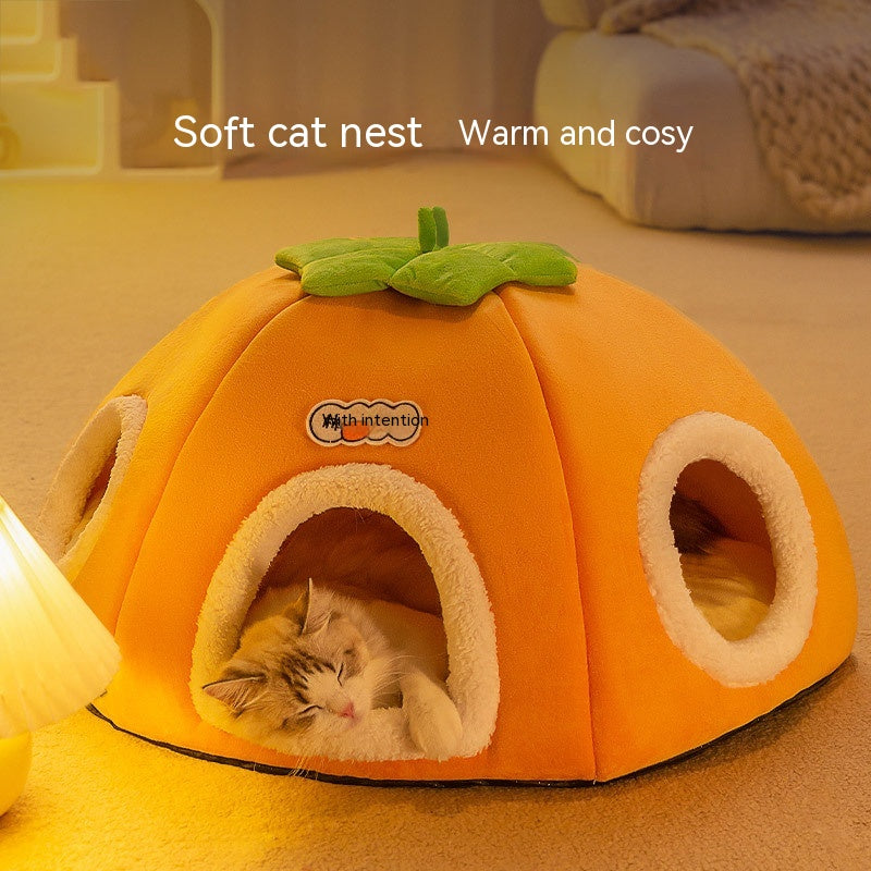 KFX-5947581 Warm Thickened Semi-Enclosed Cat Nest in Lucky Persimmon Color - Available for One to Four Cats