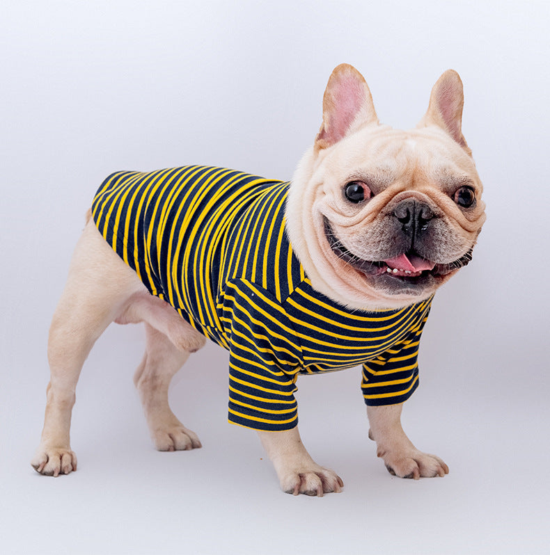 KFX-5948093 Cotton Stretch Dog Pajamas - Blue Striped, Yellow Floral Bow Tie, Multiple Sizes Available
