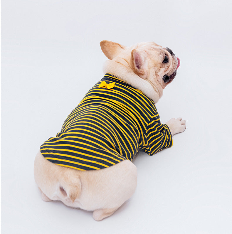 KFX-5948093 Cotton Stretch Dog Pajamas - Blue Striped, Yellow Floral Bow Tie, Multiple Sizes Available
