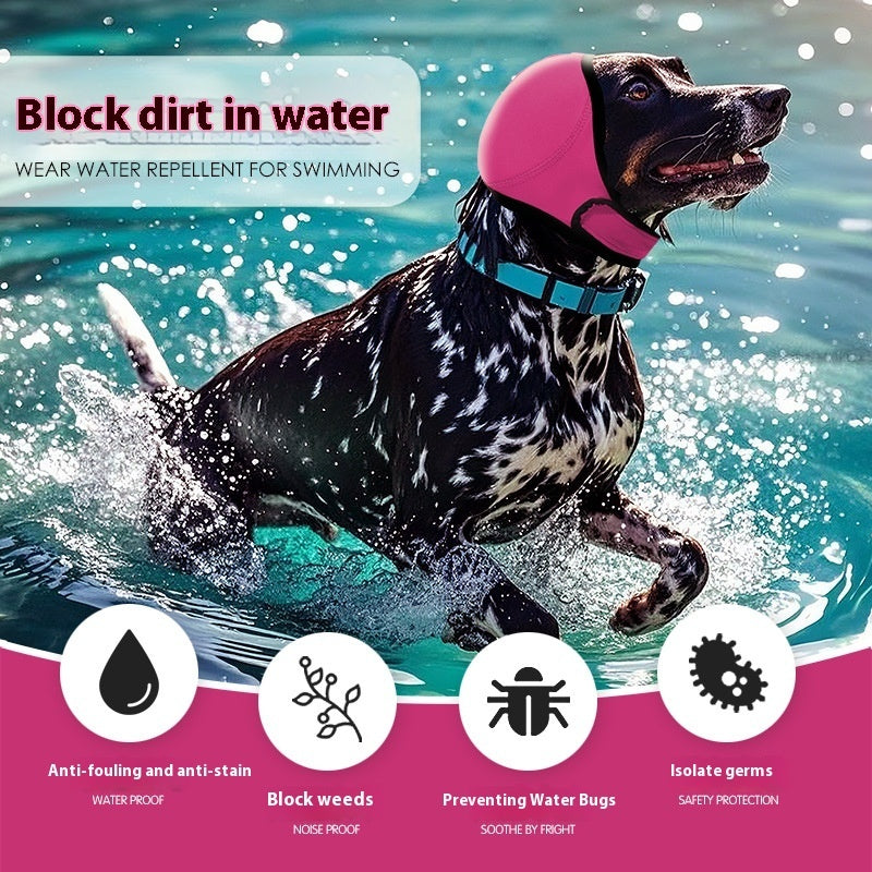 KFX-5952061 Waterproof Dog Head Cover with Earmuffs for Summer Swimming and Protection, Available in Gray and Rose Red