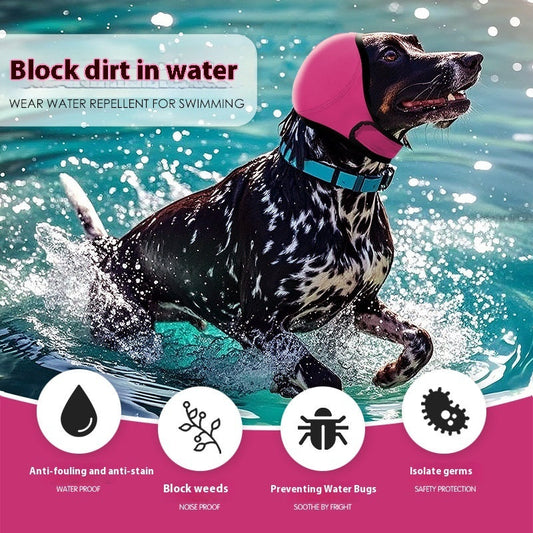 KFX-5952061 Waterproof Dog Head Cover with Earmuffs for Summer Swimming and Protection, Available in Gray and Rose Red