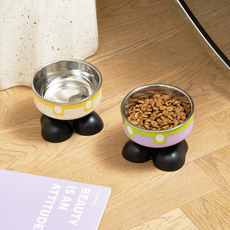 KFX-5953469 Anti-Tumble Cat Bowl with Neck Protection - Stainless Steel High Platform and Popcorn Design Options