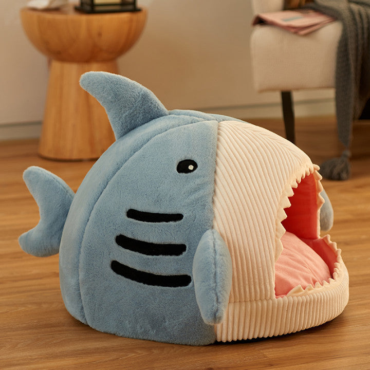 KFX-5957309 Cozy Shark-Shaped Pet Nest in Crystal Velvet for Winter Warmth
