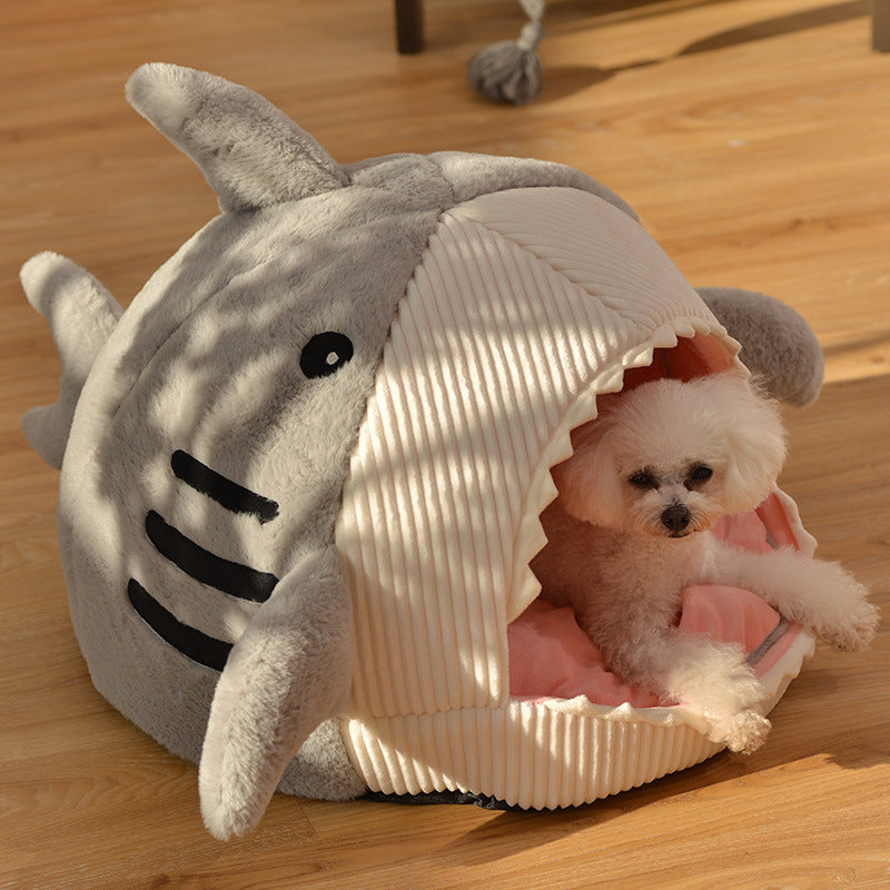 KFX-5957309 Cozy Shark-Shaped Pet Nest in Crystal Velvet for Winter Warmth