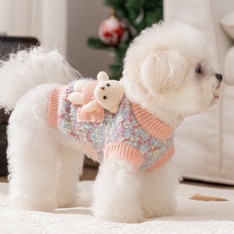 KFX-5957821 Teddy Bear Pocket Sweater for Small and Medium Dogs and Cats, Cozy Knit Pullover with Floral Yarn Design