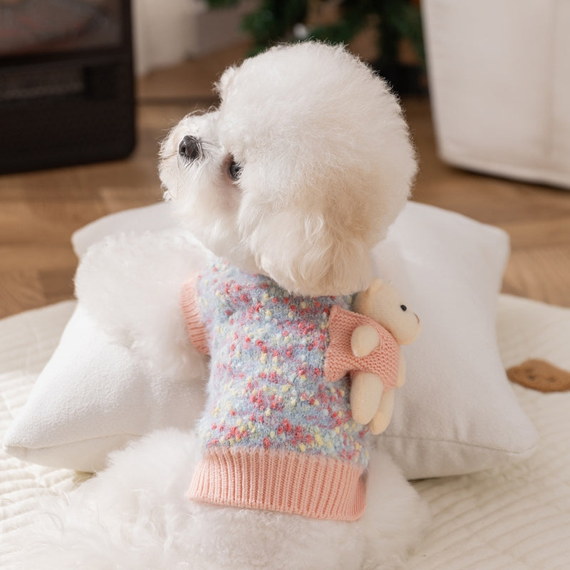 KFX-5957821 Teddy Bear Pocket Sweater for Small and Medium Dogs and Cats, Cozy Knit Pullover with Floral Yarn Design
