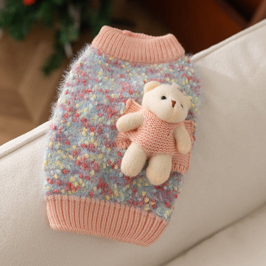 KFX-5957821 Teddy Bear Pocket Sweater for Small and Medium Dogs and Cats, Cozy Knit Pullover with Floral Yarn Design
