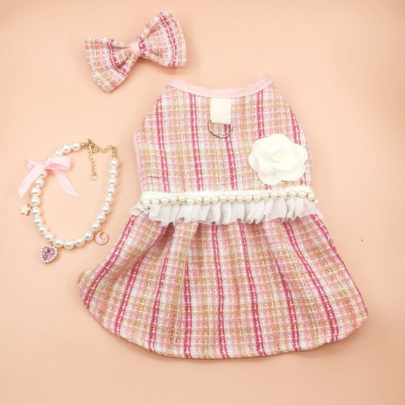 KFX-5966397 Classic Style Pet Skirt Dress with Flower Headpiece and Optional Necklace in Blue and Pink