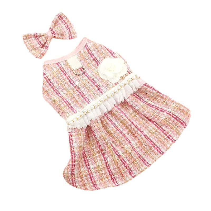 KFX-5966397 Classic Style Pet Skirt Dress with Flower Headpiece and Optional Necklace in Blue and Pink