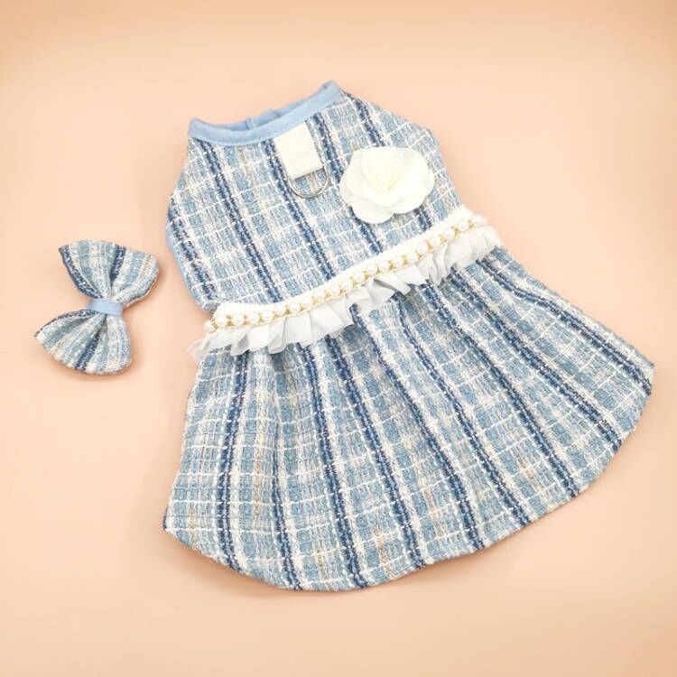 KFX-5966397 Classic Style Pet Skirt Dress with Flower Headpiece and Optional Necklace in Blue and Pink