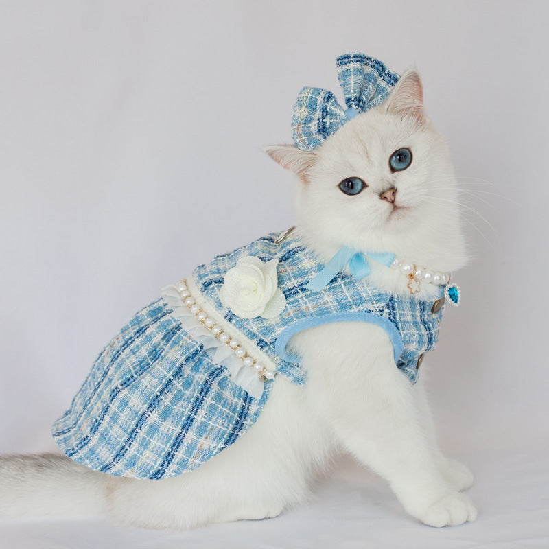 KFX-5966397 Classic Style Pet Skirt Dress with Flower Headpiece and Optional Necklace in Blue and Pink
