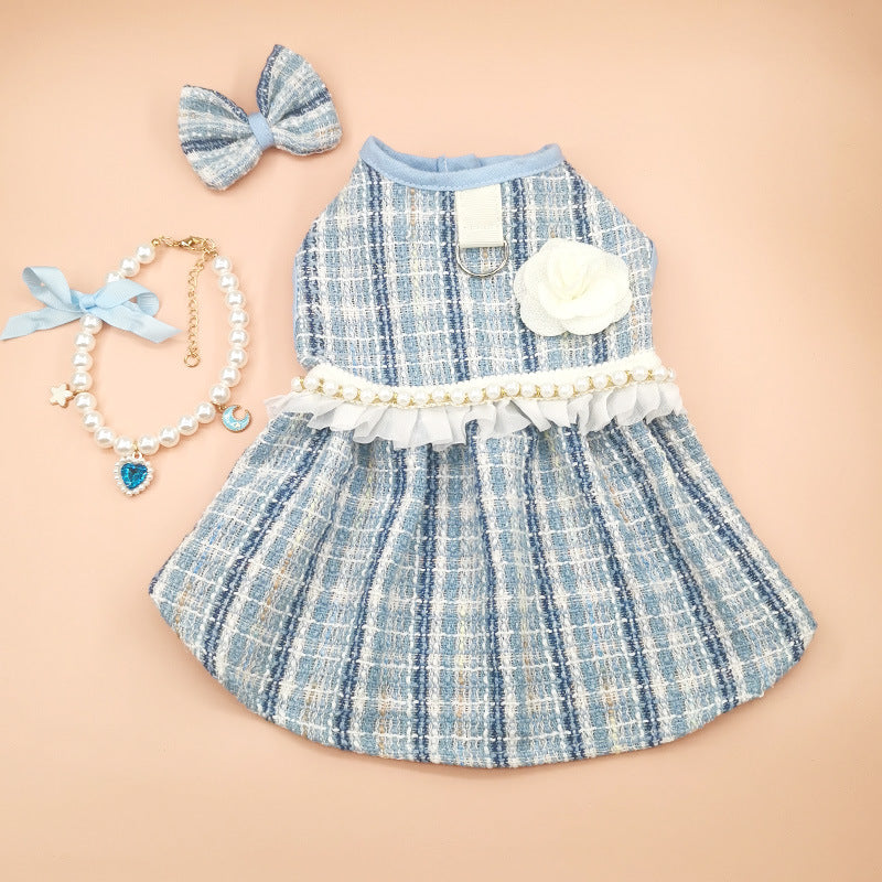 KFX-5966397 Classic Style Pet Skirt Dress with Flower Headpiece and Optional Necklace in Blue and Pink