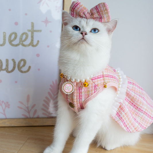 KFX-5966397 Classic Style Pet Skirt Dress with Flower Headpiece and Optional Necklace in Blue and Pink