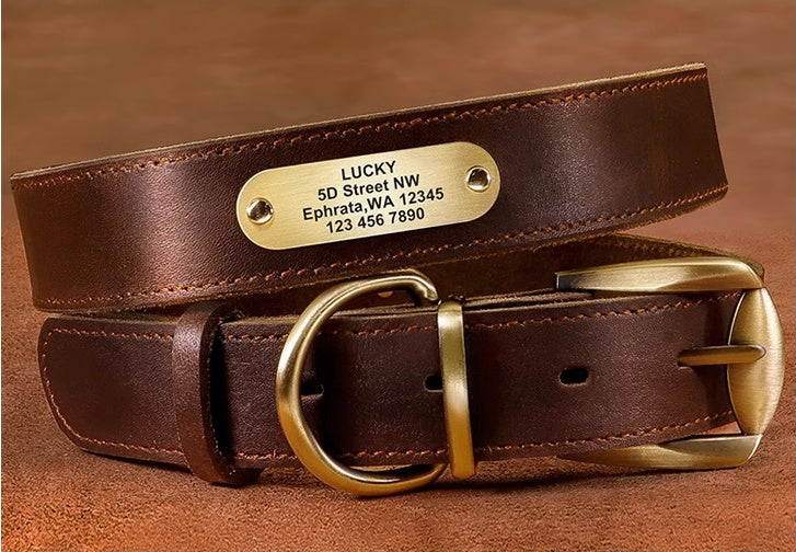 KFX-5976381 Genuine Cowhide Engraved Anti-Loss Dog Collar - Dark Brown, Multiple Sizes Available