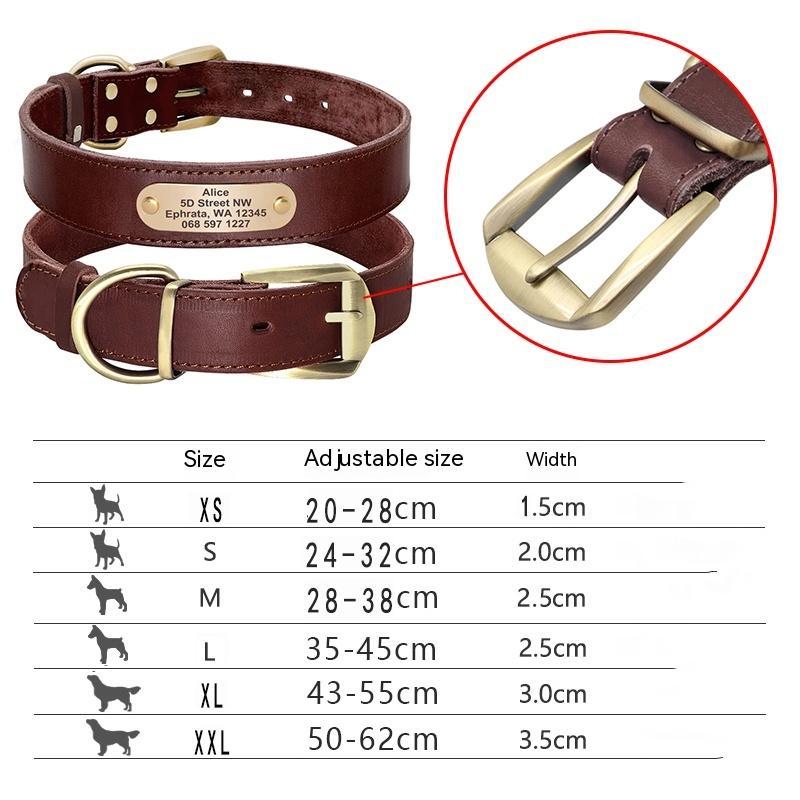 KFX-5976381 Genuine Cowhide Engraved Anti-Loss Dog Collar - Dark Brown, Multiple Sizes Available
