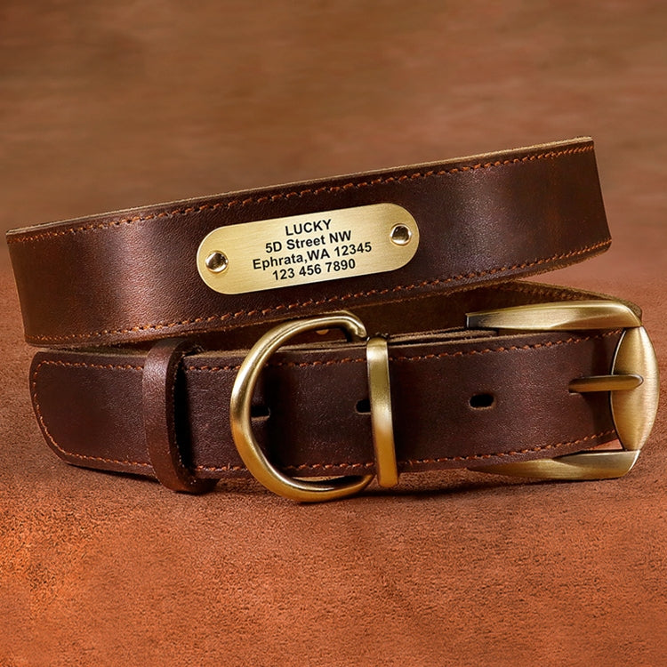 KFX-5976381 Genuine Cowhide Engraved Anti-Loss Dog Collar - Dark Brown, Multiple Sizes Available