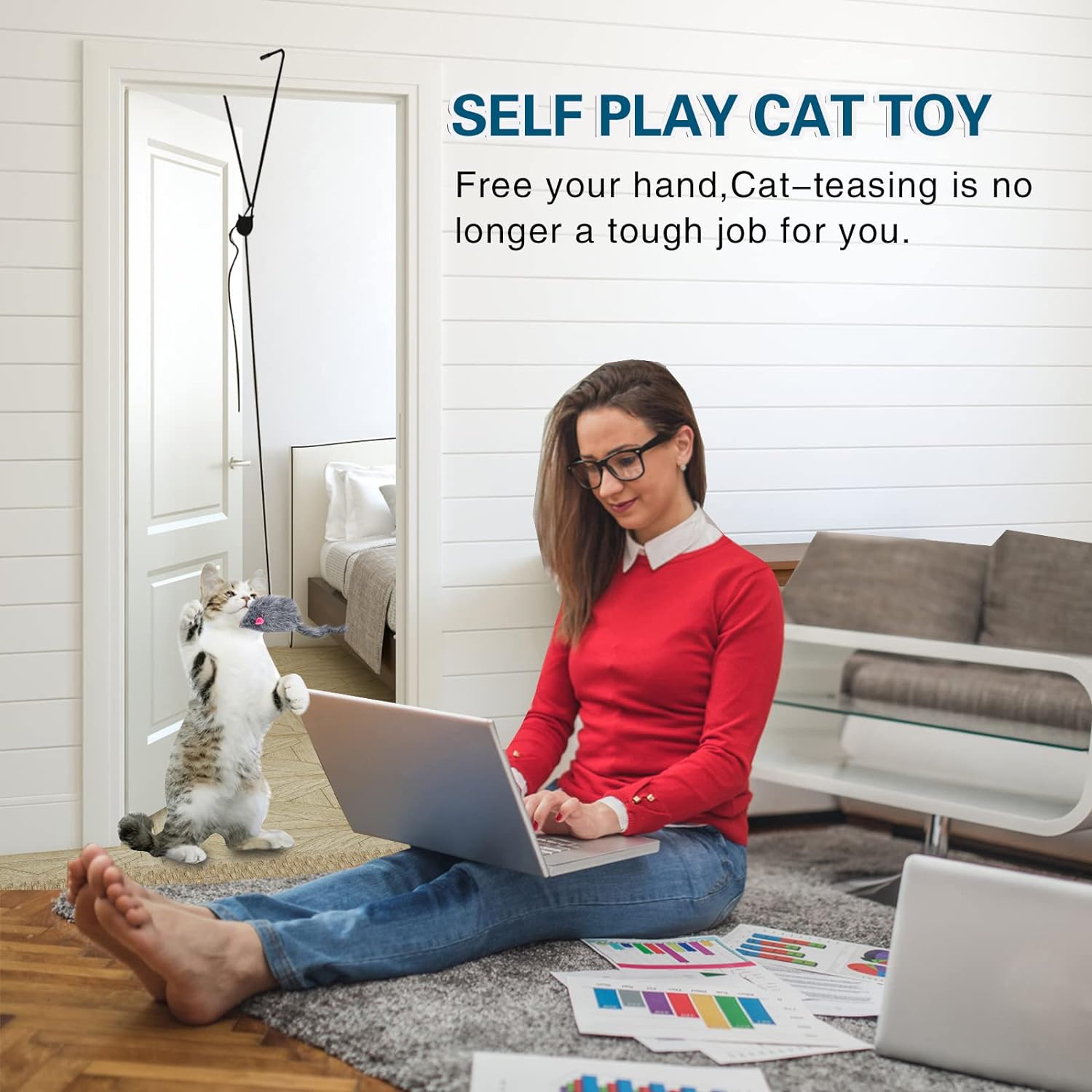 KFX-5977789 Retractable Interactive Feather Teaser Toy for Indoor Cats and Kittens - Safe and Durable Exercise Toy