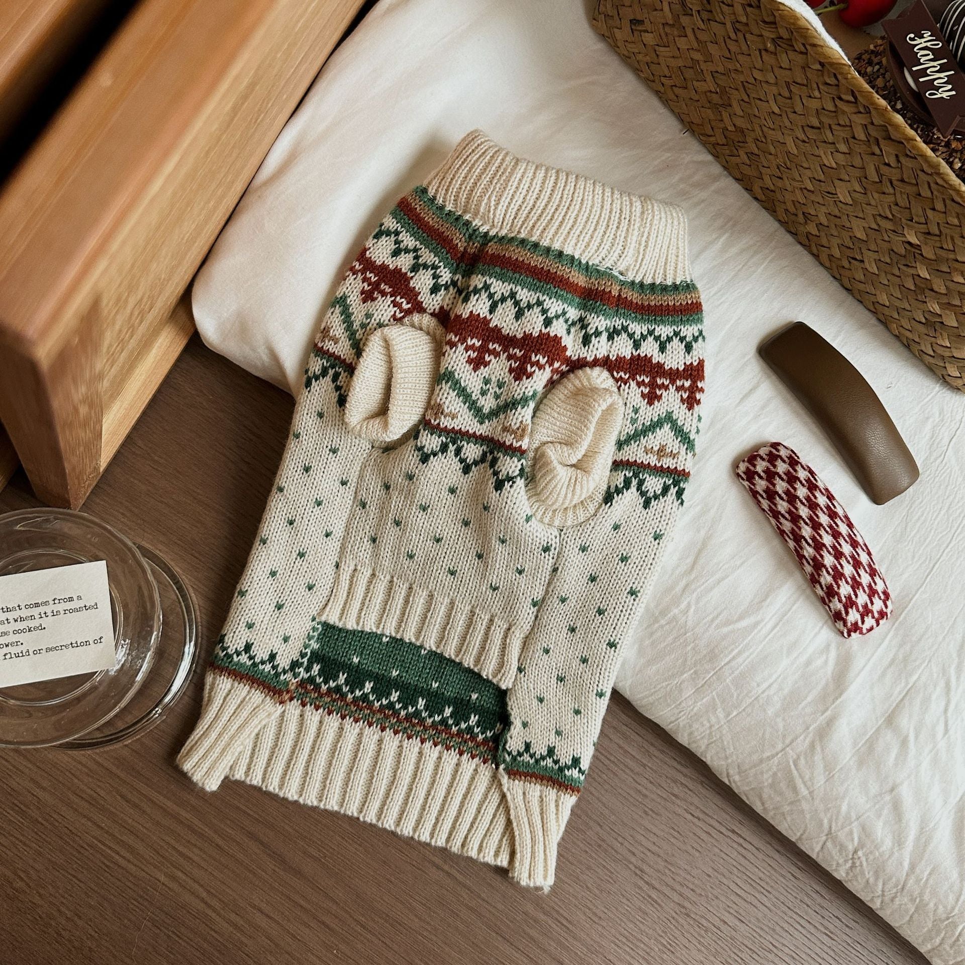 KFX-5978301 Cozy Beige and Green Dot Pet Sweater for Autumn and Winter