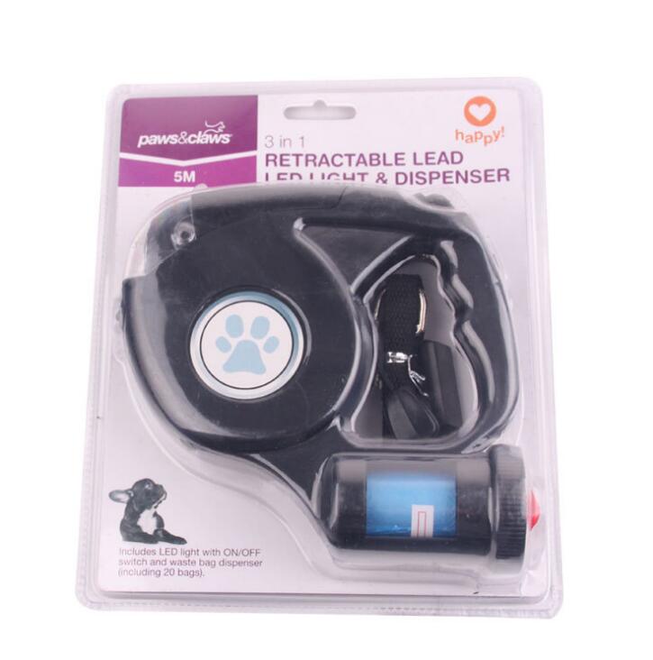 KFX-5985853 Three-in-One Retractable Dog Leash with Flashlight and Waste Bag Dispenser