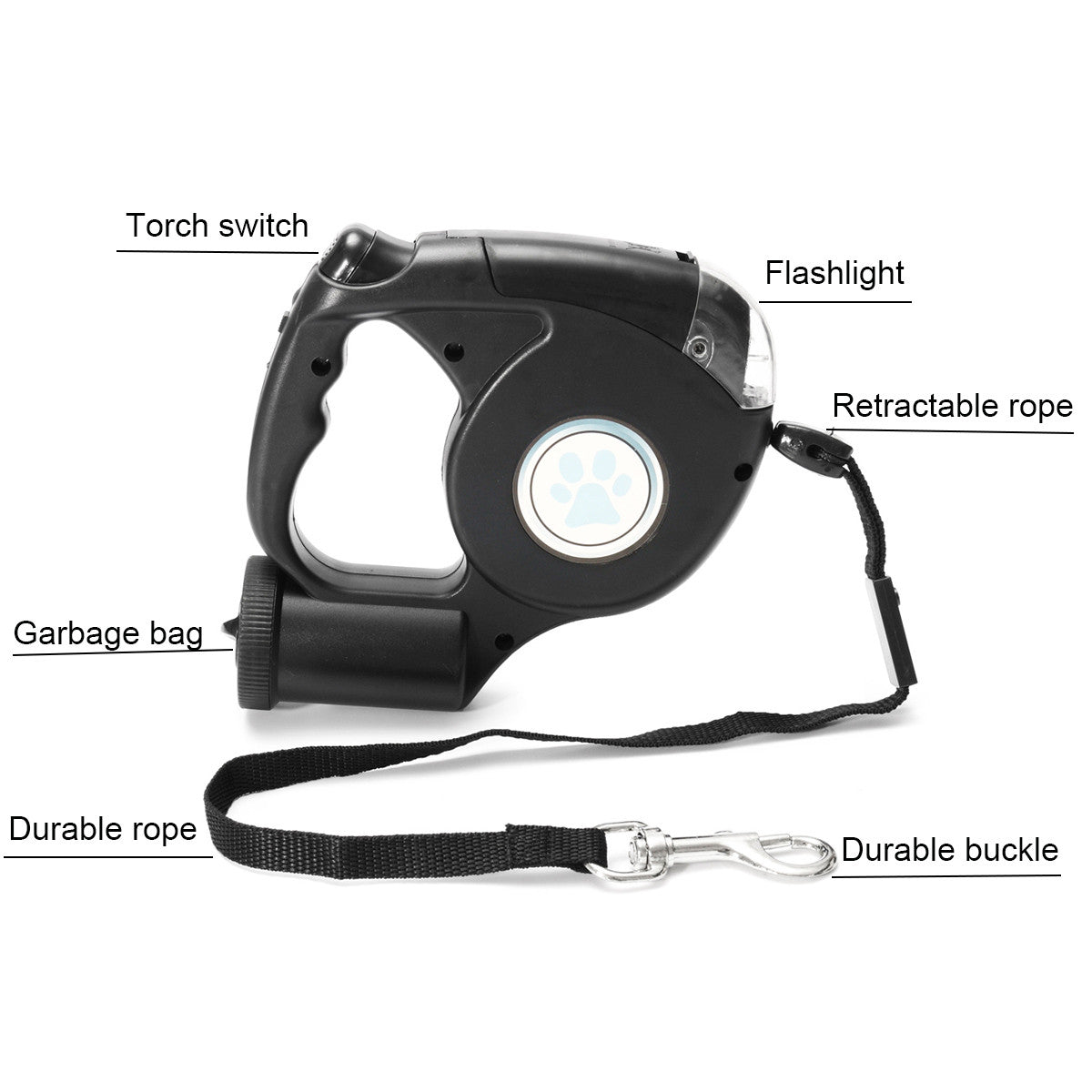 KFX-5985853 Three-in-One Retractable Dog Leash with Flashlight and Waste Bag Dispenser
