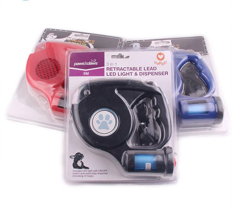 KFX-5985853 Three-in-One Retractable Dog Leash with Flashlight and Waste Bag Dispenser